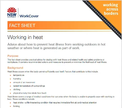 NSW Workcover document working in heat