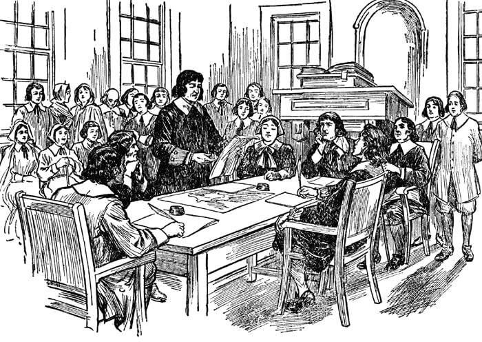 Etching of court meeting in the 1600s